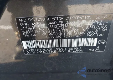2009 Lexus Es 350 from USA, damaged, VIN JTHBJ46G492333142
